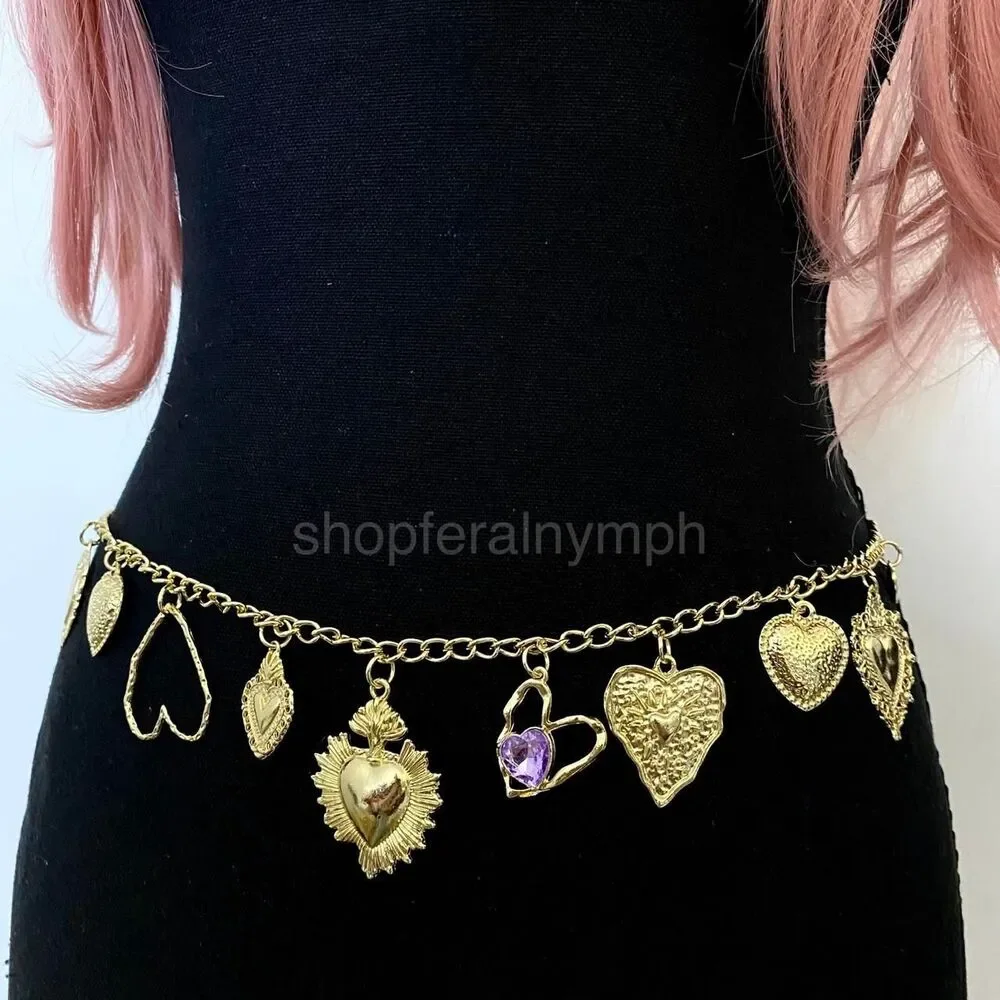 Gold Y2K Sacred Heart Charm Waist Chain Belt, Fits 20 to 44 Inches, X7GA1320